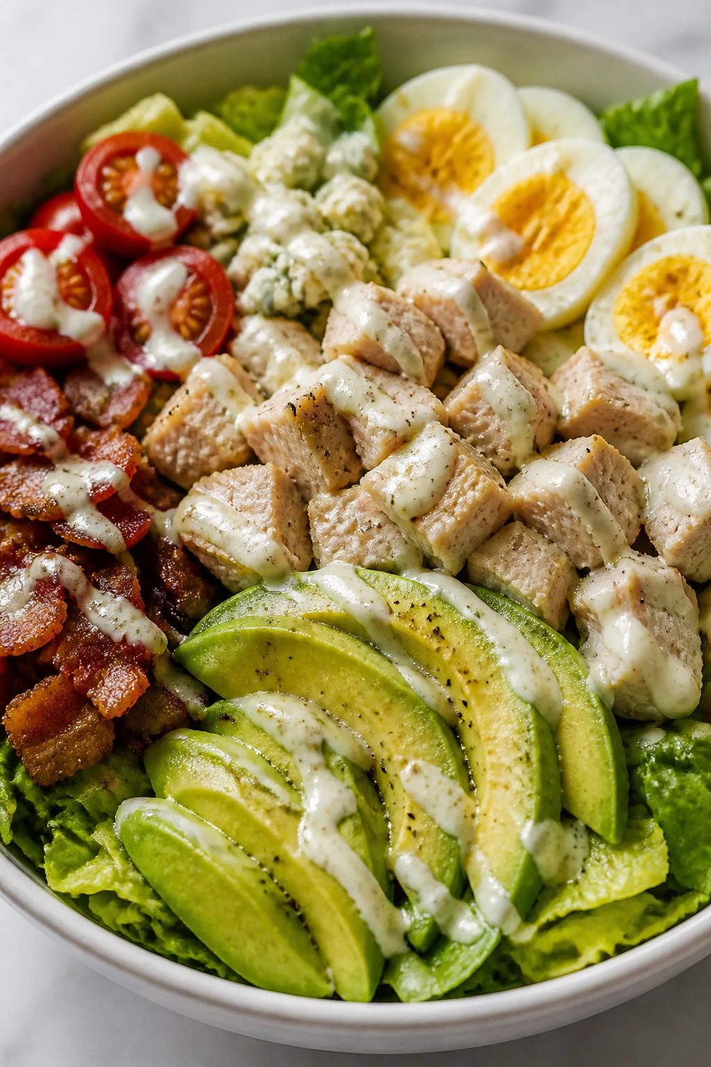 Turkey Cobb salad with avocado and eggs in a bowl