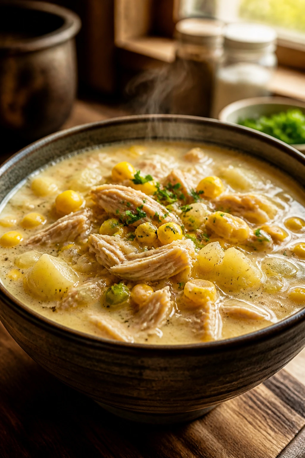 Close-up of turkey and corn chowder in a bowl with visible turkey and corn on a warm kitchen counter