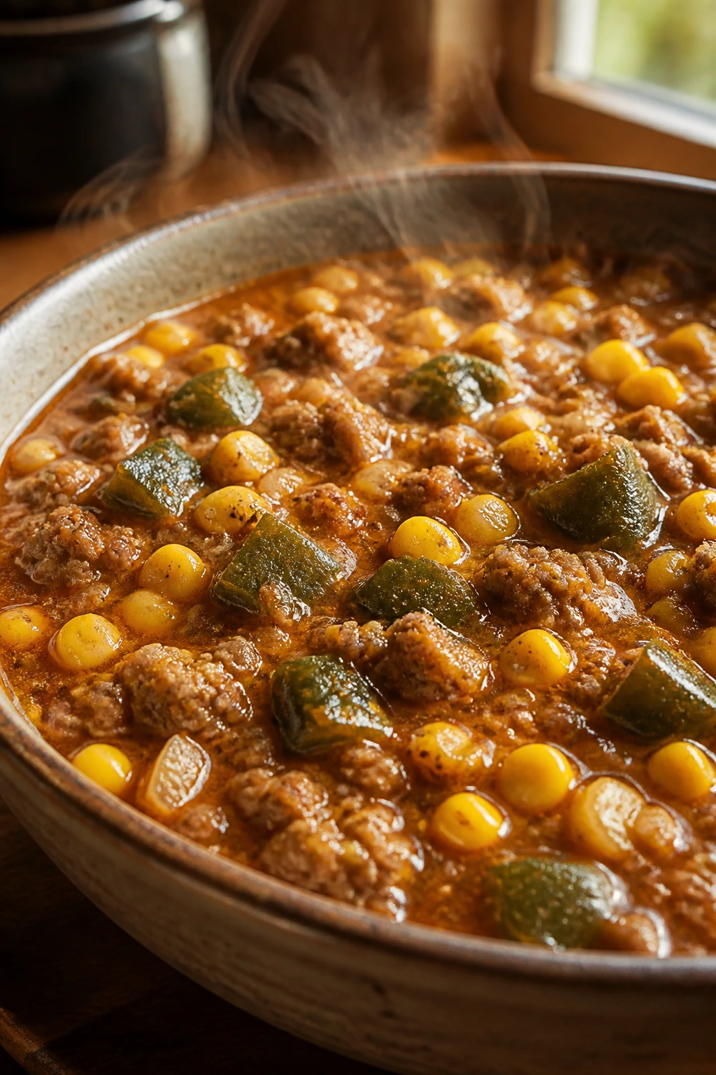 Close-up of turkey corn poblano stew in a rustic bowl with steaming broth