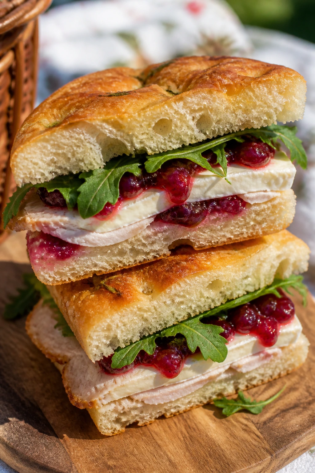 Turkey cranberry brie sandwich with arugula on focaccia outdoors
