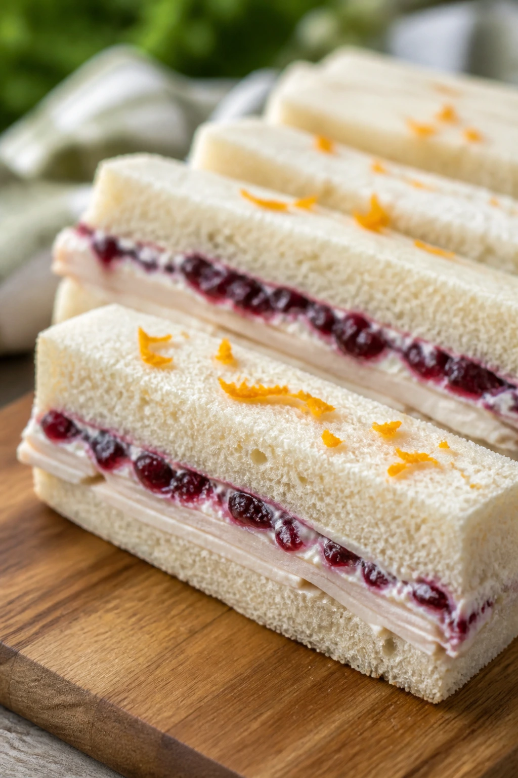 Turkey cranberry cream cheese finger sandwiches with orange zest