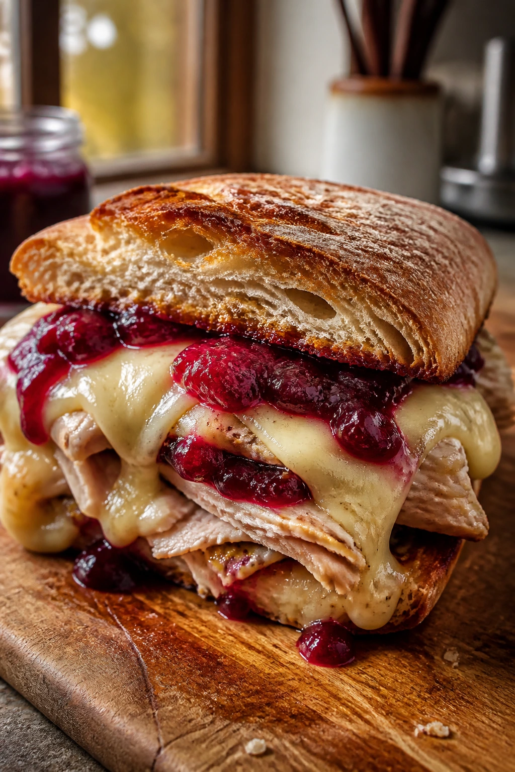 Close-up of turkey cranberry melt with Swiss cheese on crusty roll