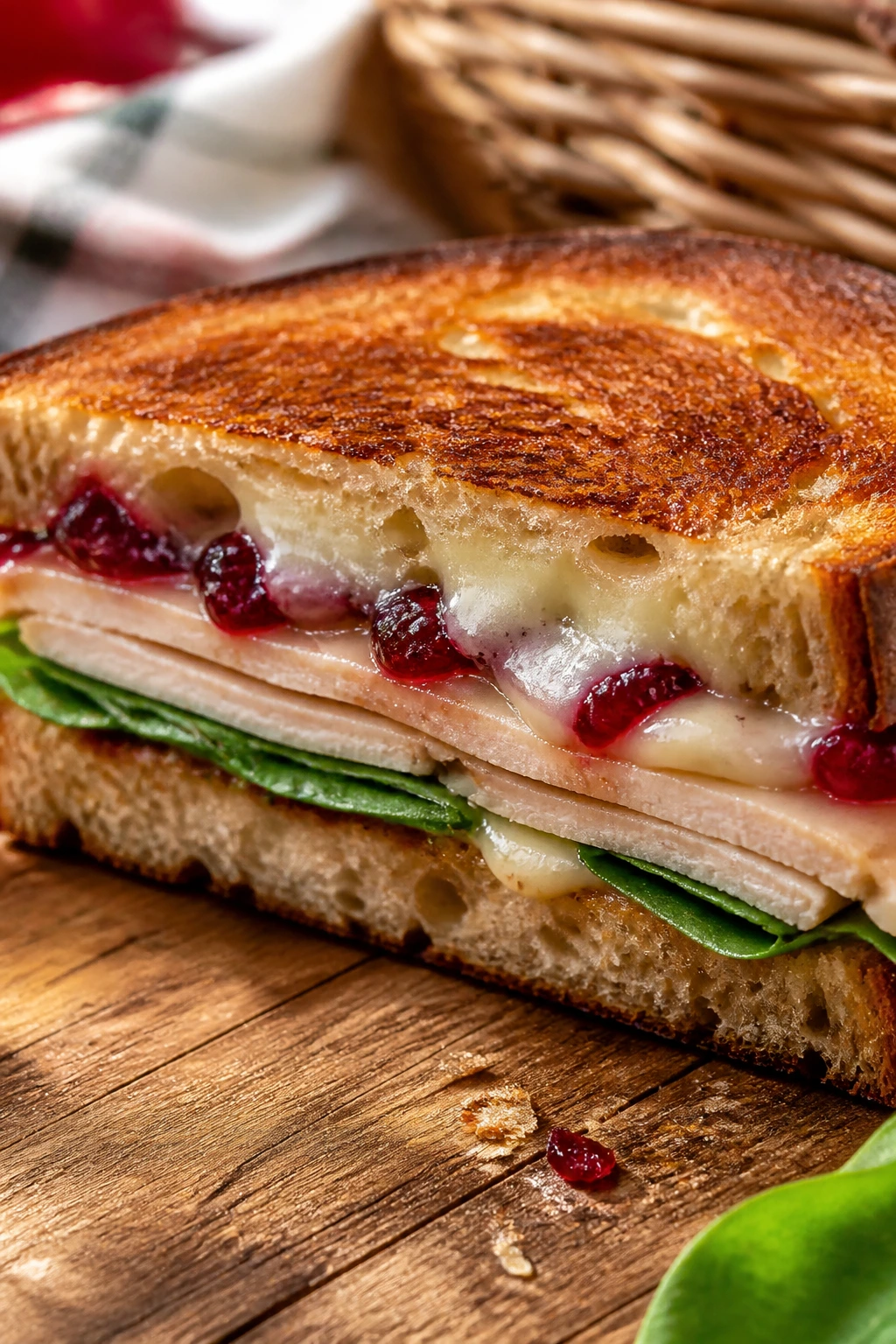 Half sandwich of Turkey Cranberry Melt with Brie and cranberry sauce