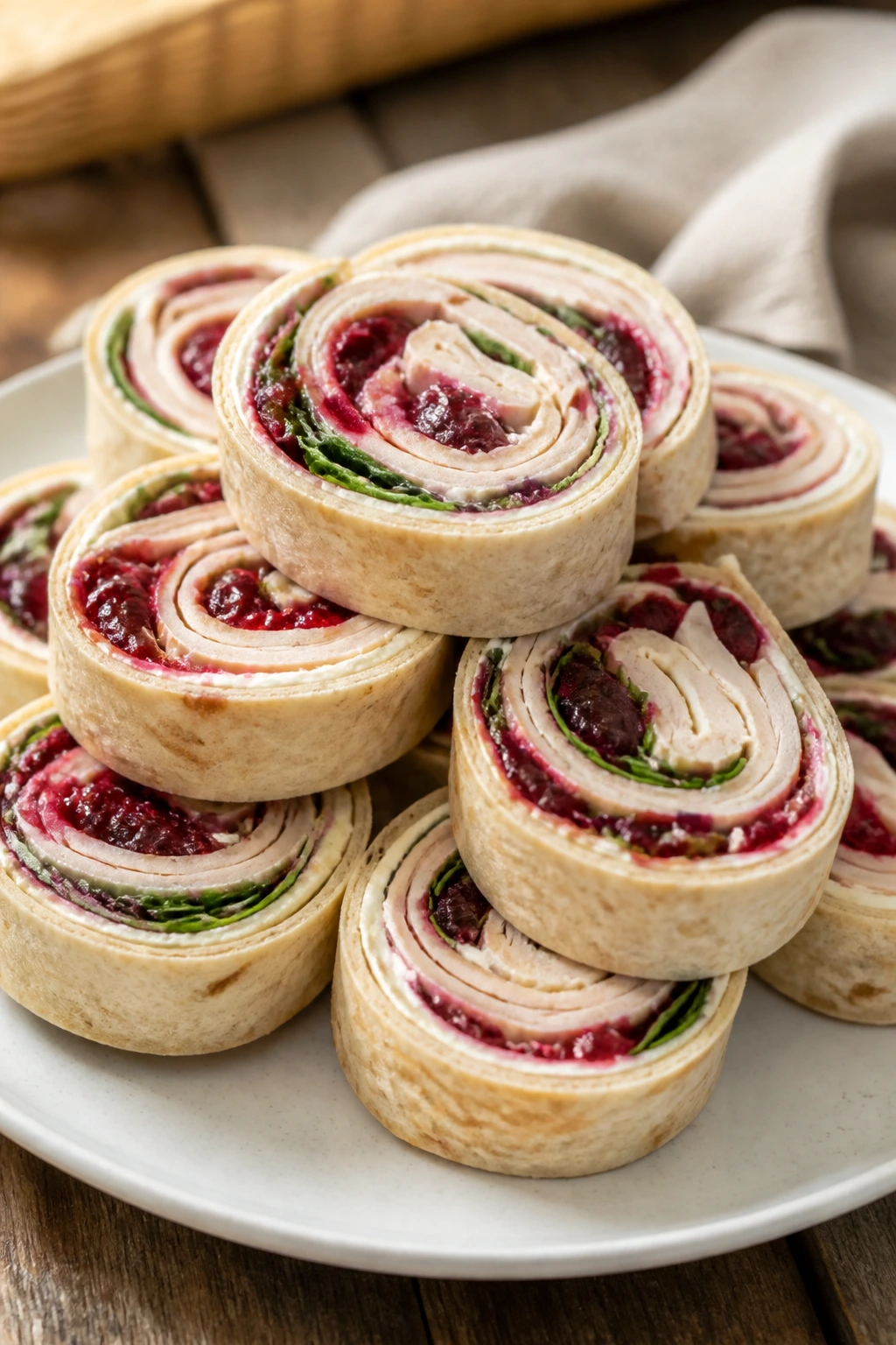 Close-up of turkey cranberry pinwheels sliced on plate