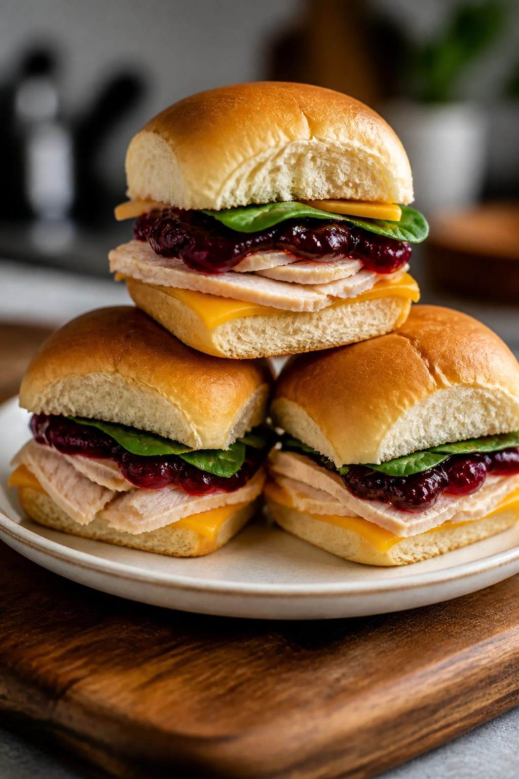 Three turkey cranberry sliders on a plate with visible fillings