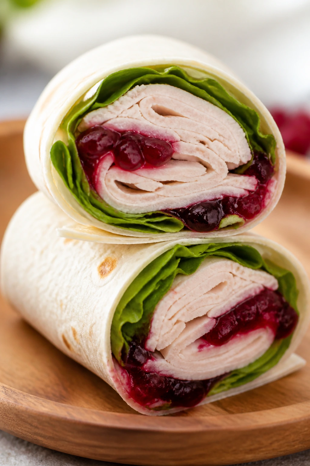 Turkey cranberry wrap sliced to reveal filling
