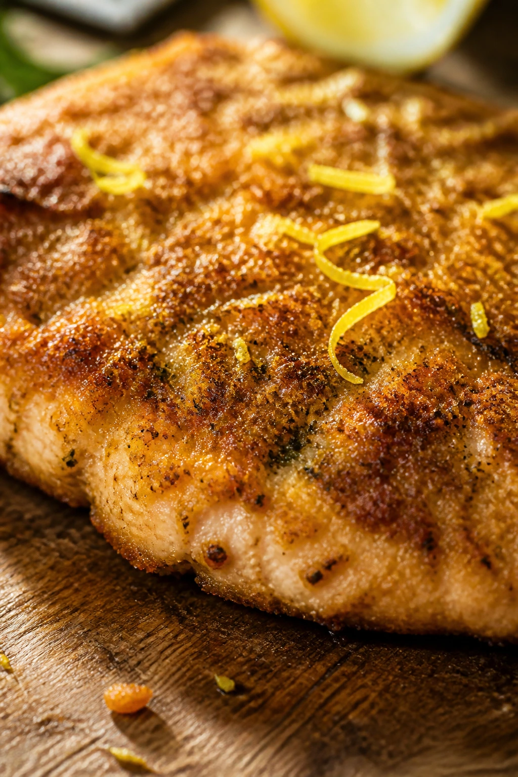 Close-up of a single crispy herb turkey cutlet with lemon zest on crust.