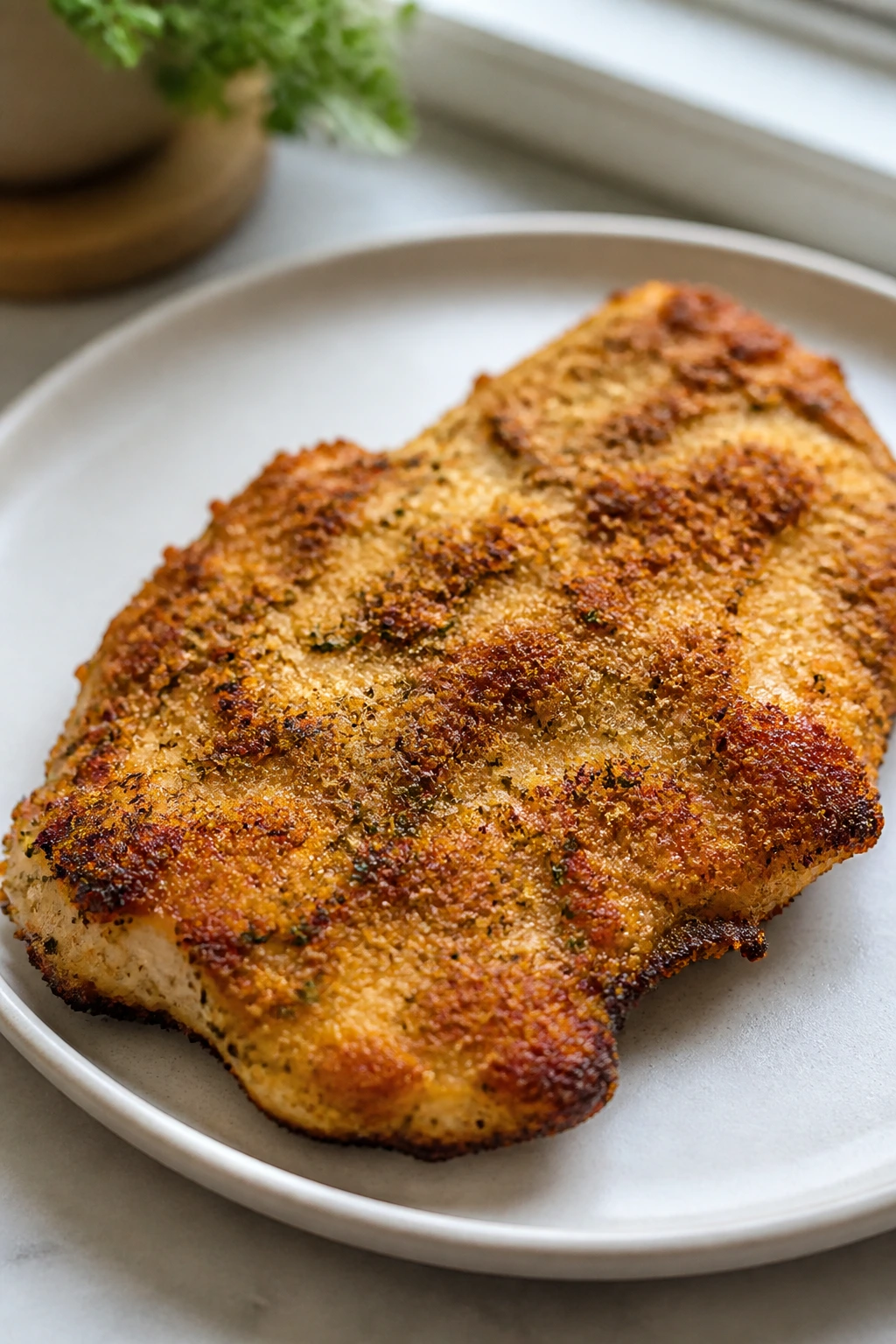 Single crispy turkey cutlet on plate in warm kitchen setting.