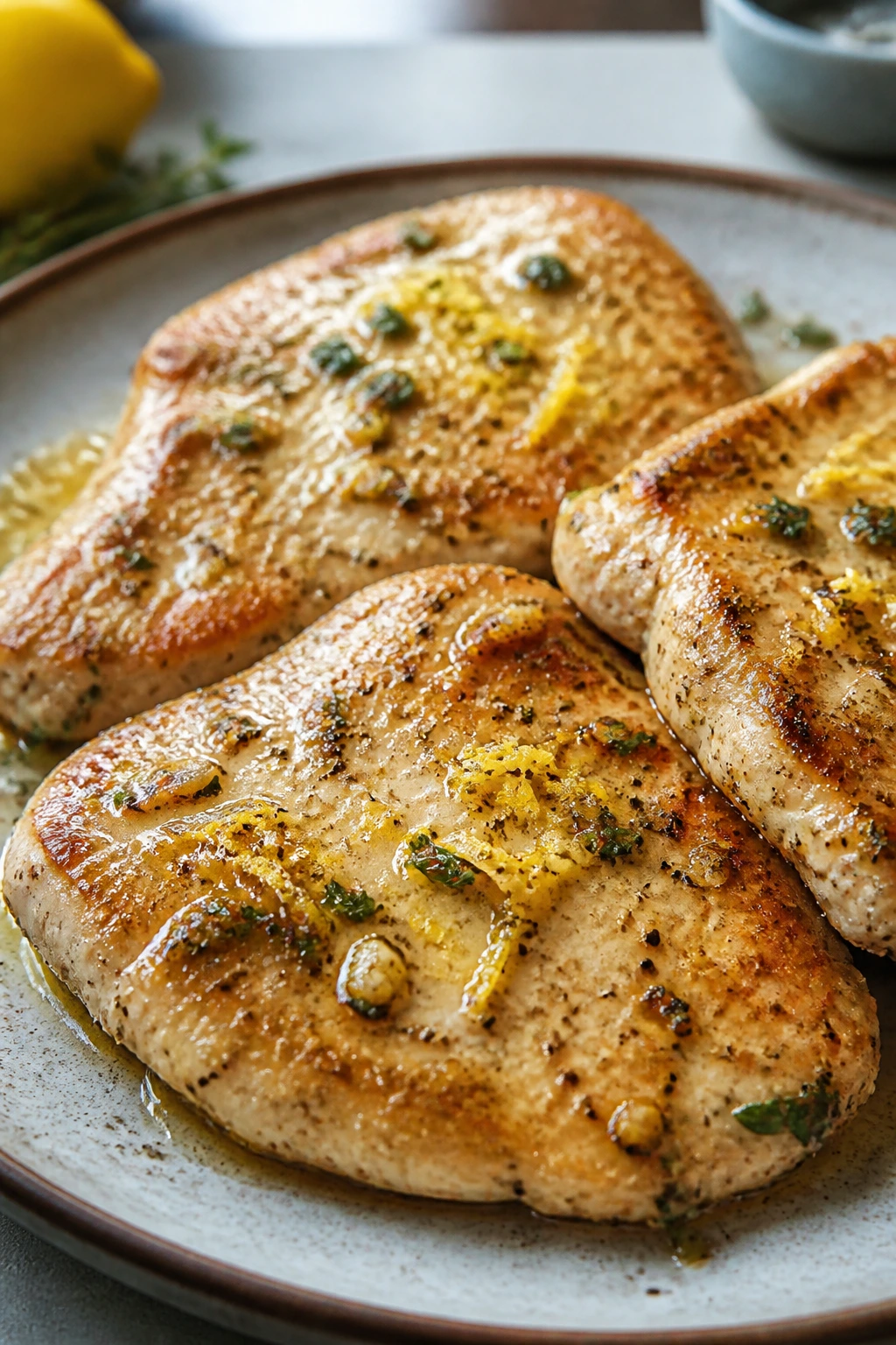 Close-up of lemon-garlic turkey cutlets with golden crust on rustic plate