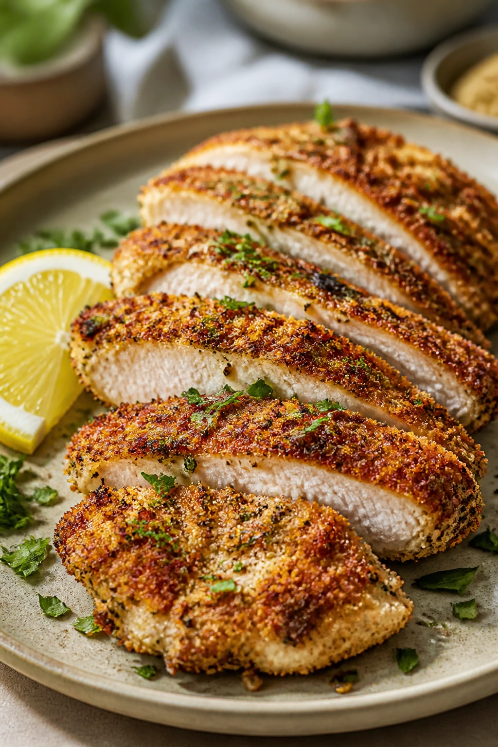 Close-up of plated crispy herb turkey cutlets with parsley and lemon.