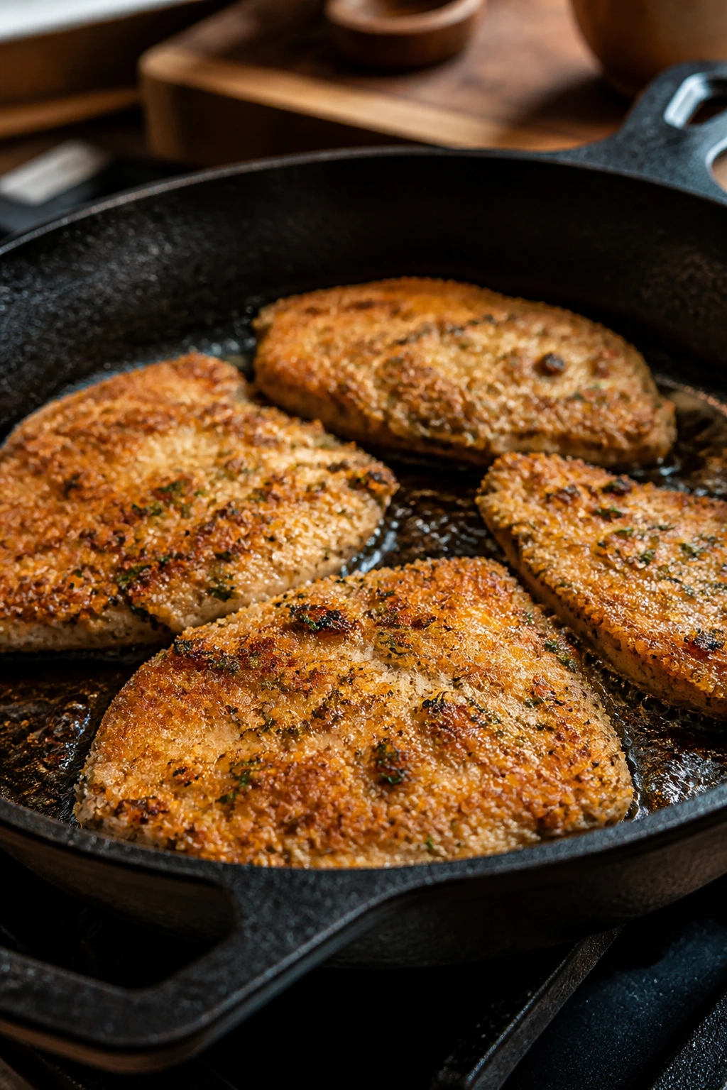 Close-up of golden turkey cutlets in a hot skillet