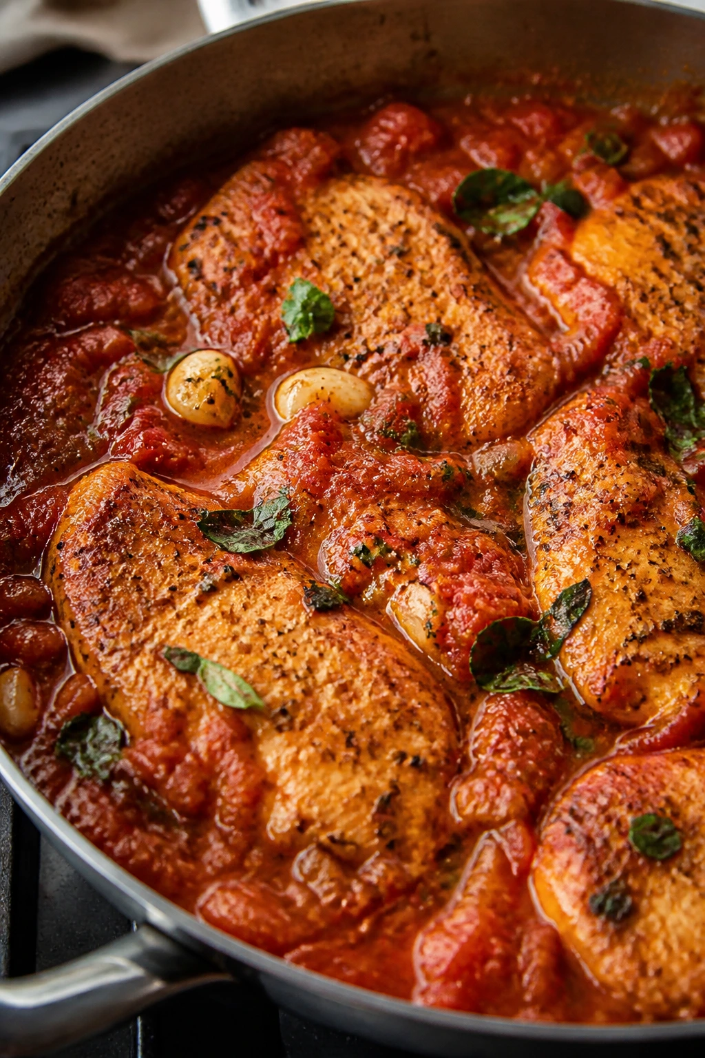 Skillet with tomato-braised turkey cutlets in red sauce