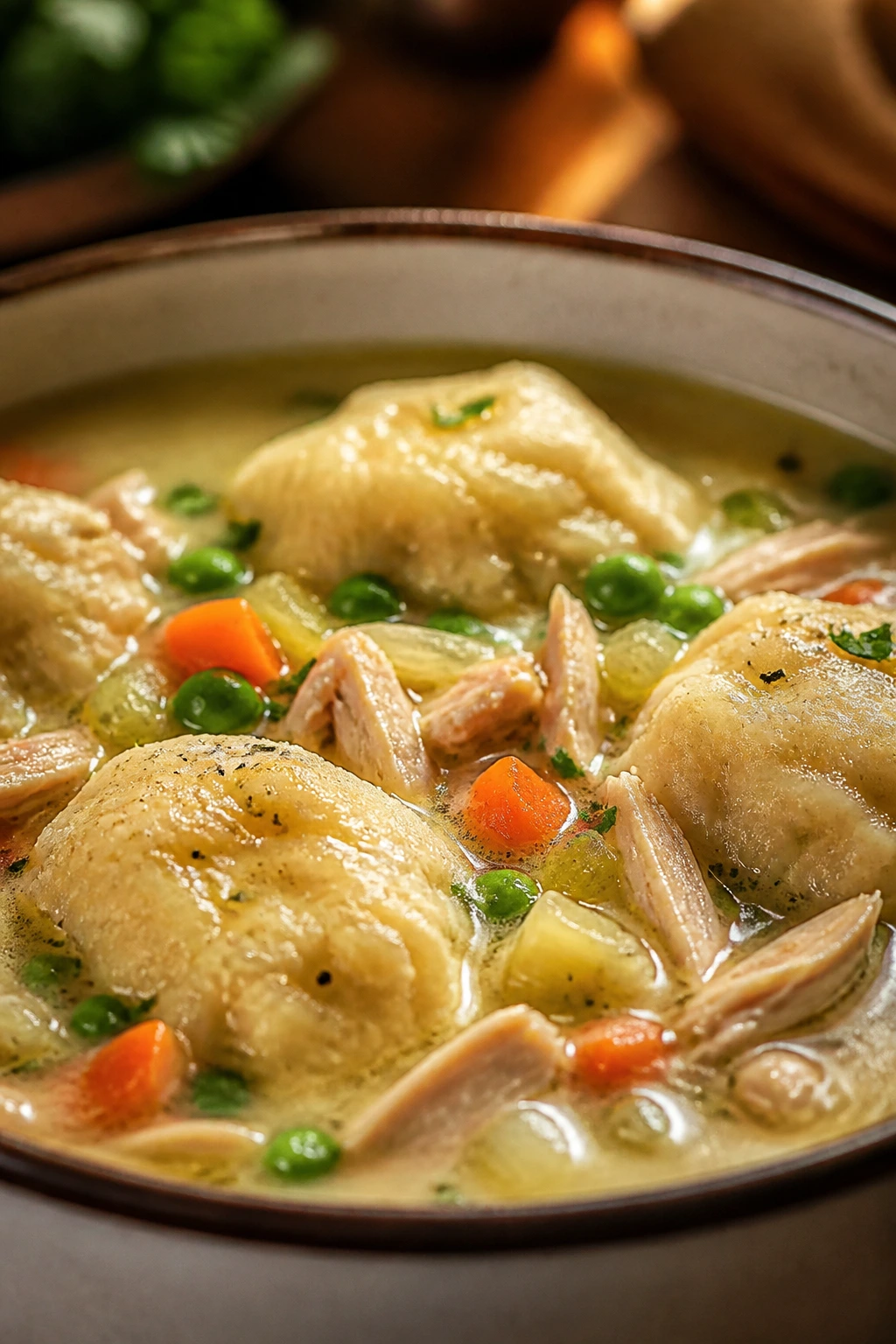 Close-up of turkey and dumpling soup in a cozy kitchen