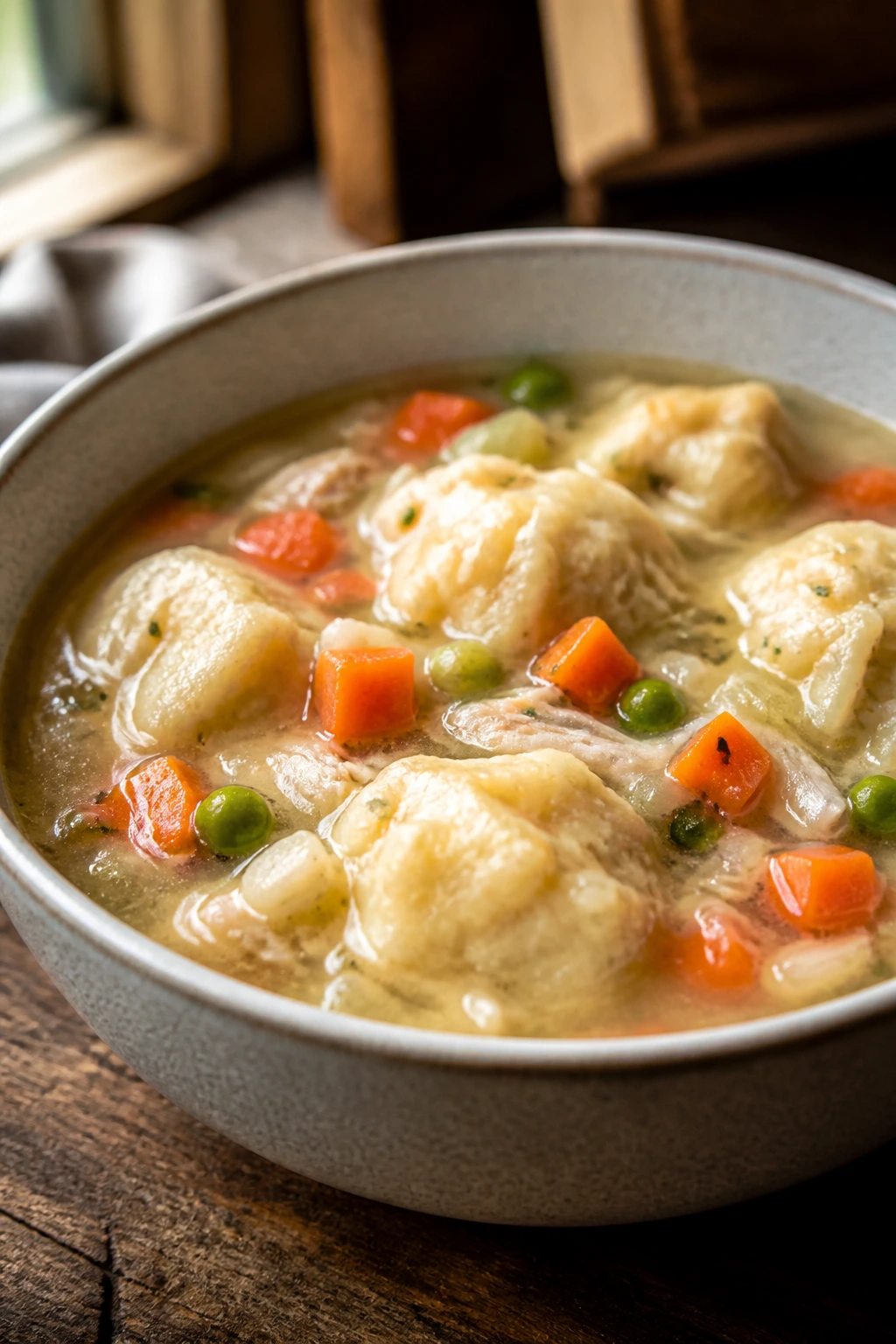 Close-up of turkey veggie dumpling soup in a bowl with dumplings and vegetables