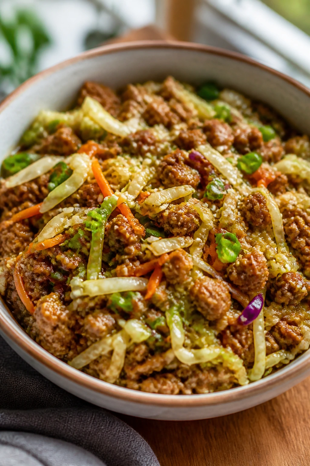 Close-up of a turkey and vegetable egg roll bowl with sesame seeds