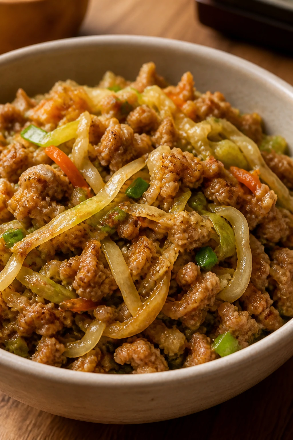 Close-up of turkey and cabbage egg-roll bowl, savory and vibrant