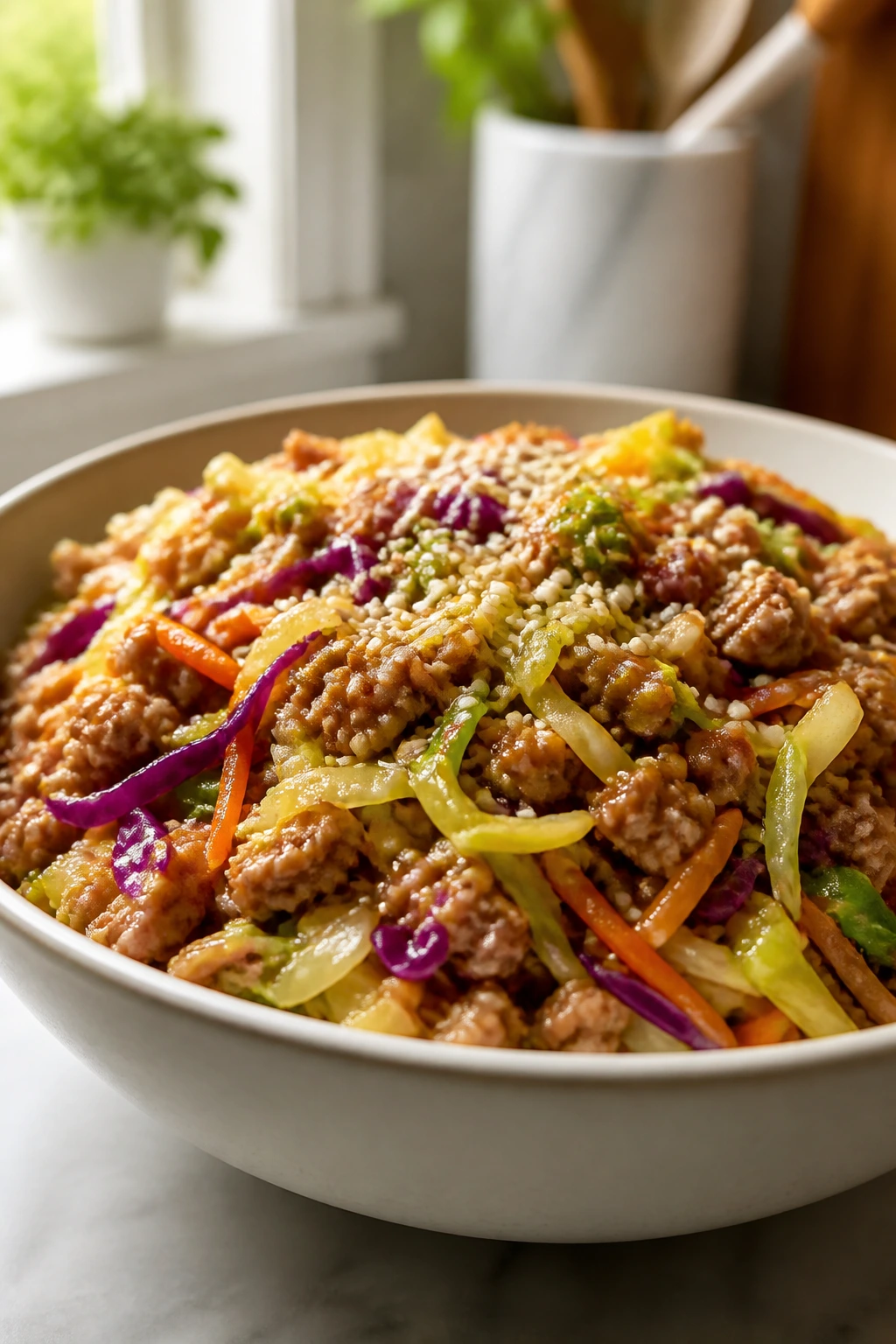 Close-up of turkey egg roll in a bowl with cabbage and sesame seeds