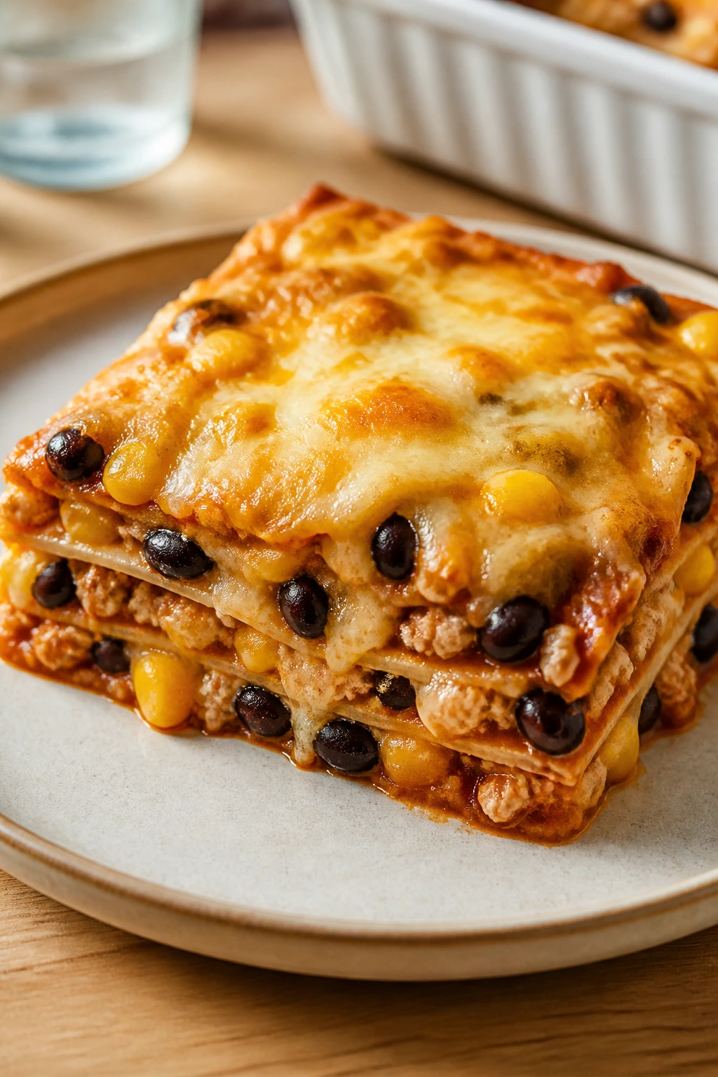 Enchilada casserole slice with turkey, beans, corn, and cheese.