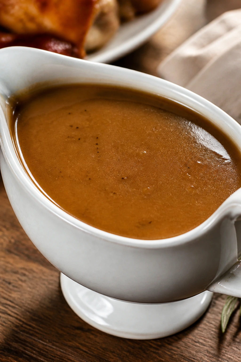 Close-up of glossy turkey gravy in a gravy boat on a wooden table