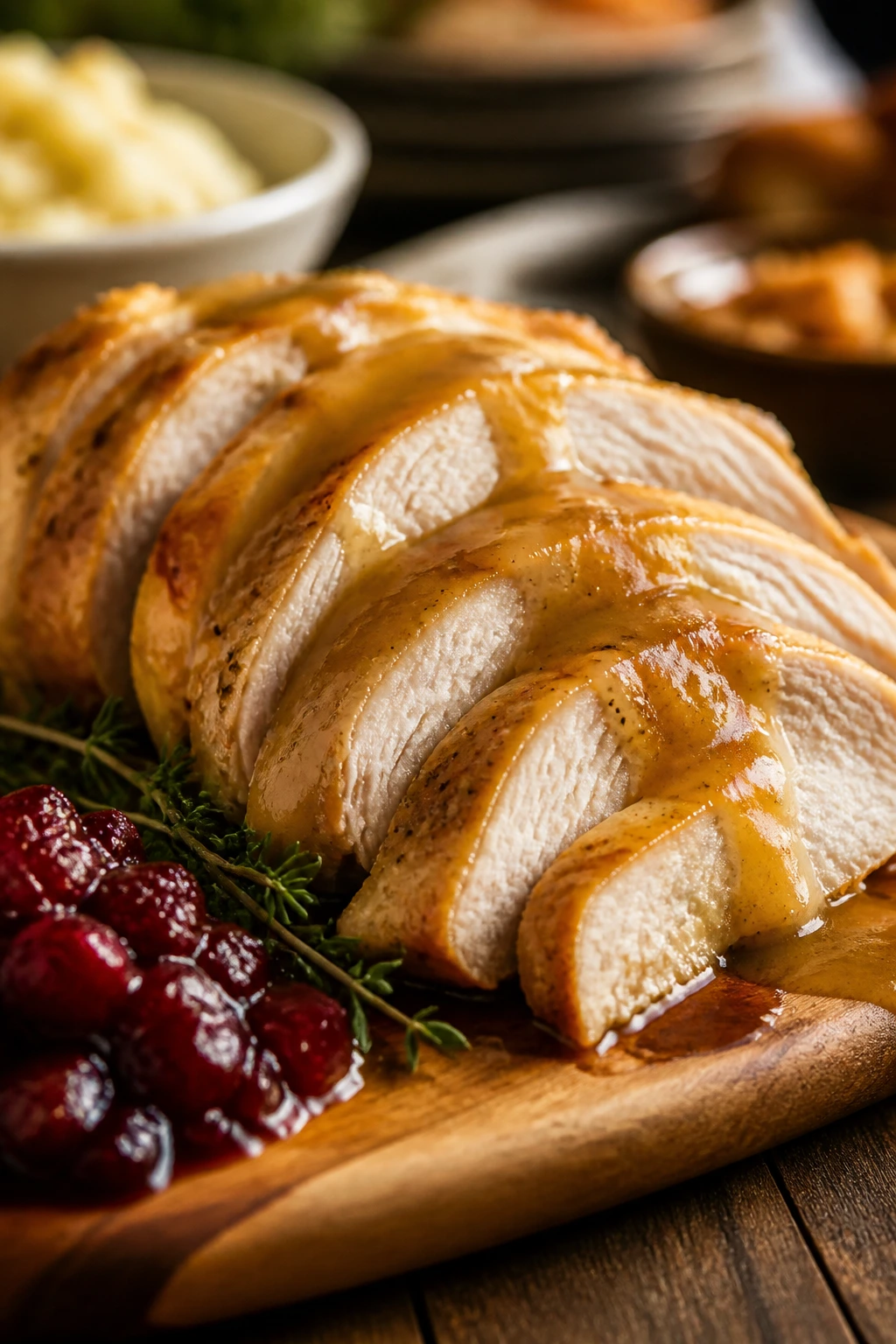 Close-up of sliced turkey with gravy on a cutting board