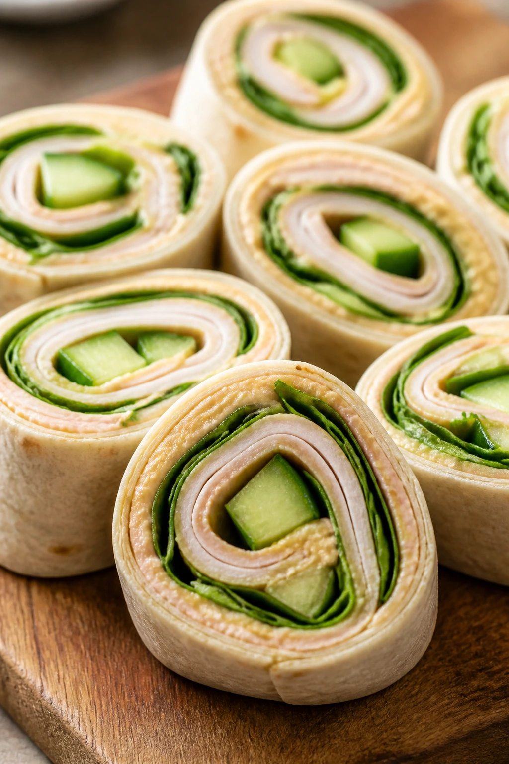 Close-up of turkey and hummus pinwheels on a wooden board