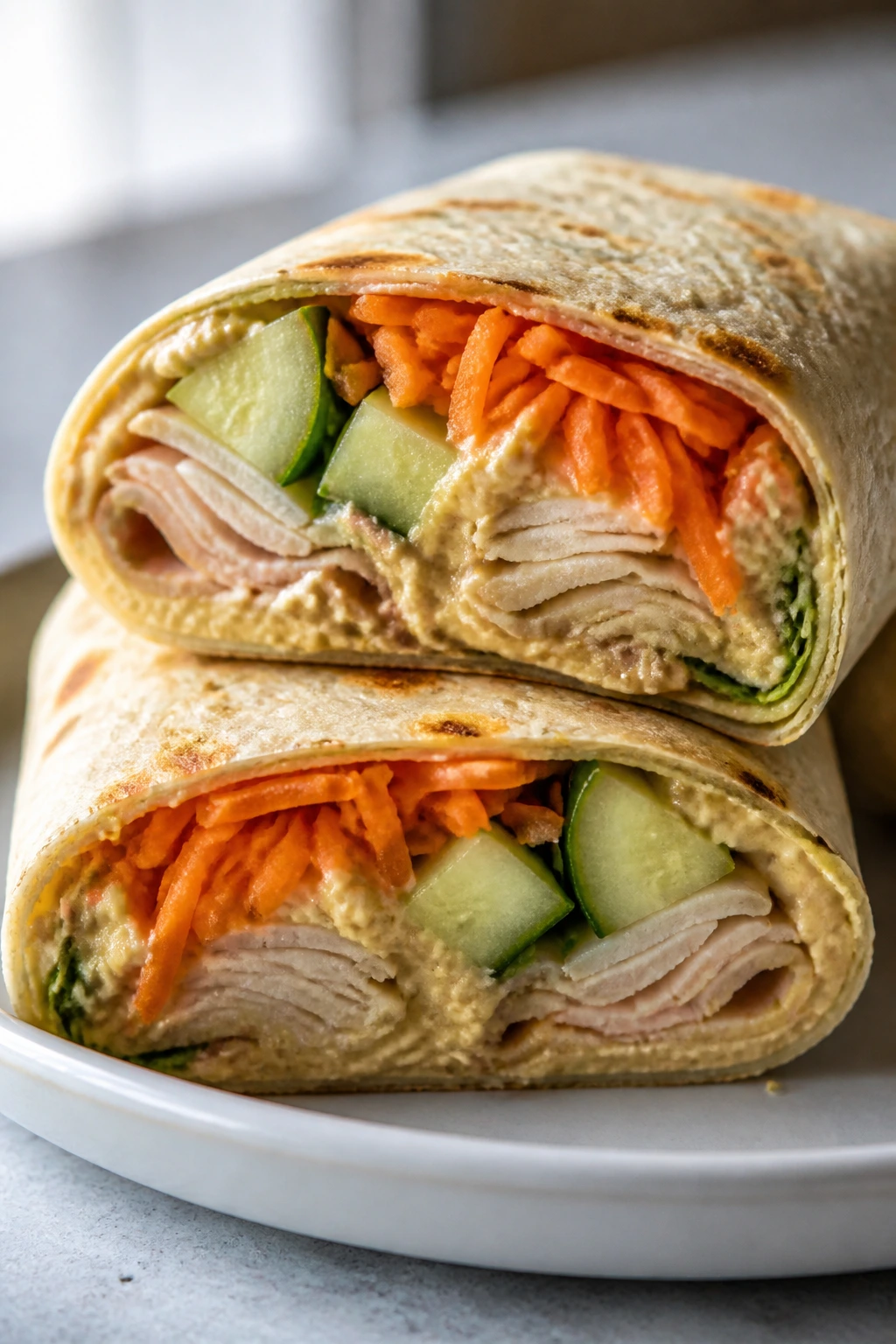 Close-up of a turkey hummus crunch wrap showing turkey, hummus, carrots and cucumber.