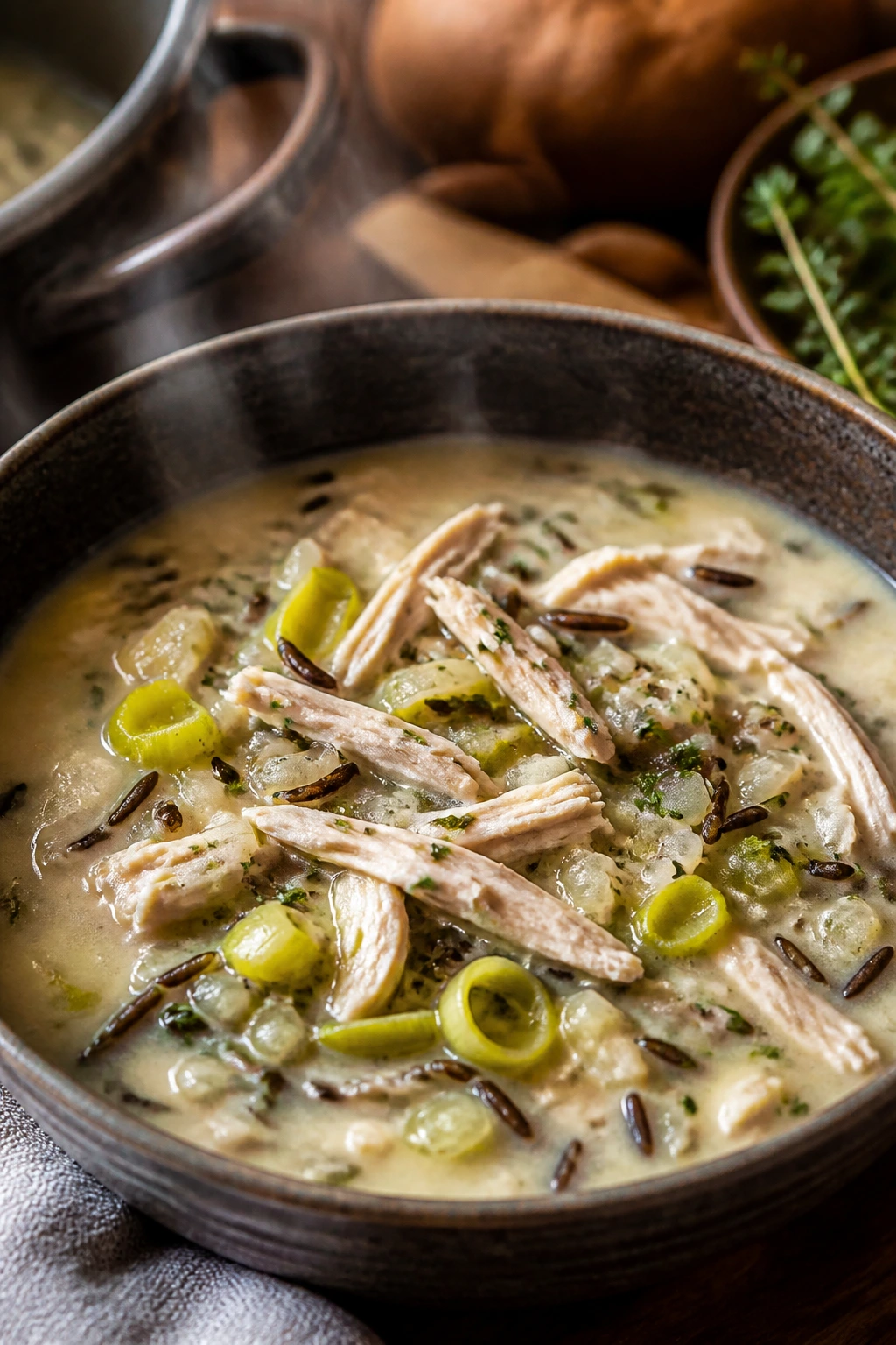 Turkey and leek wild rice soup in a bowl.