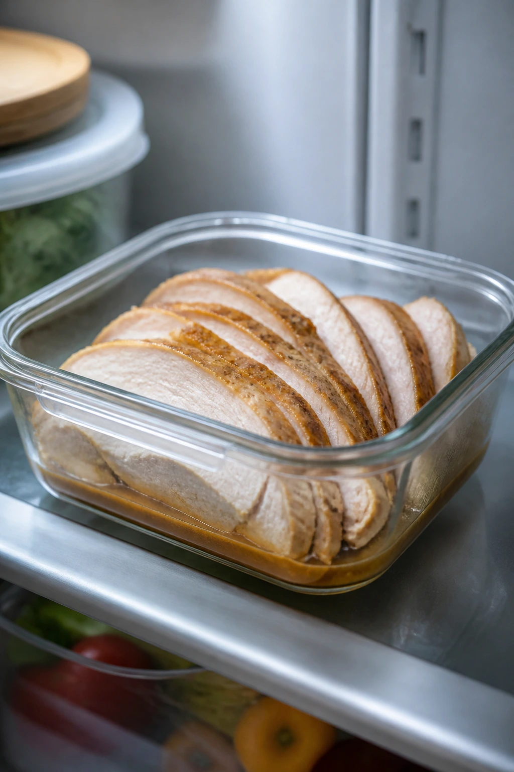 Leftover turkey breast slices in airtight container with pan juices in fridge
