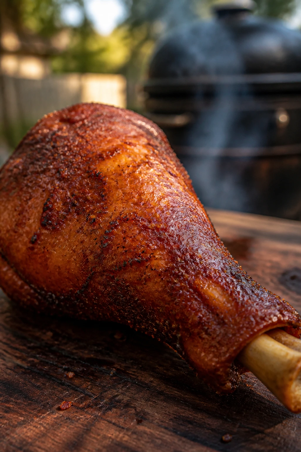 Close-up of bronzed Cajun smoked turkey leg with seasoned skin on a wooden surface.