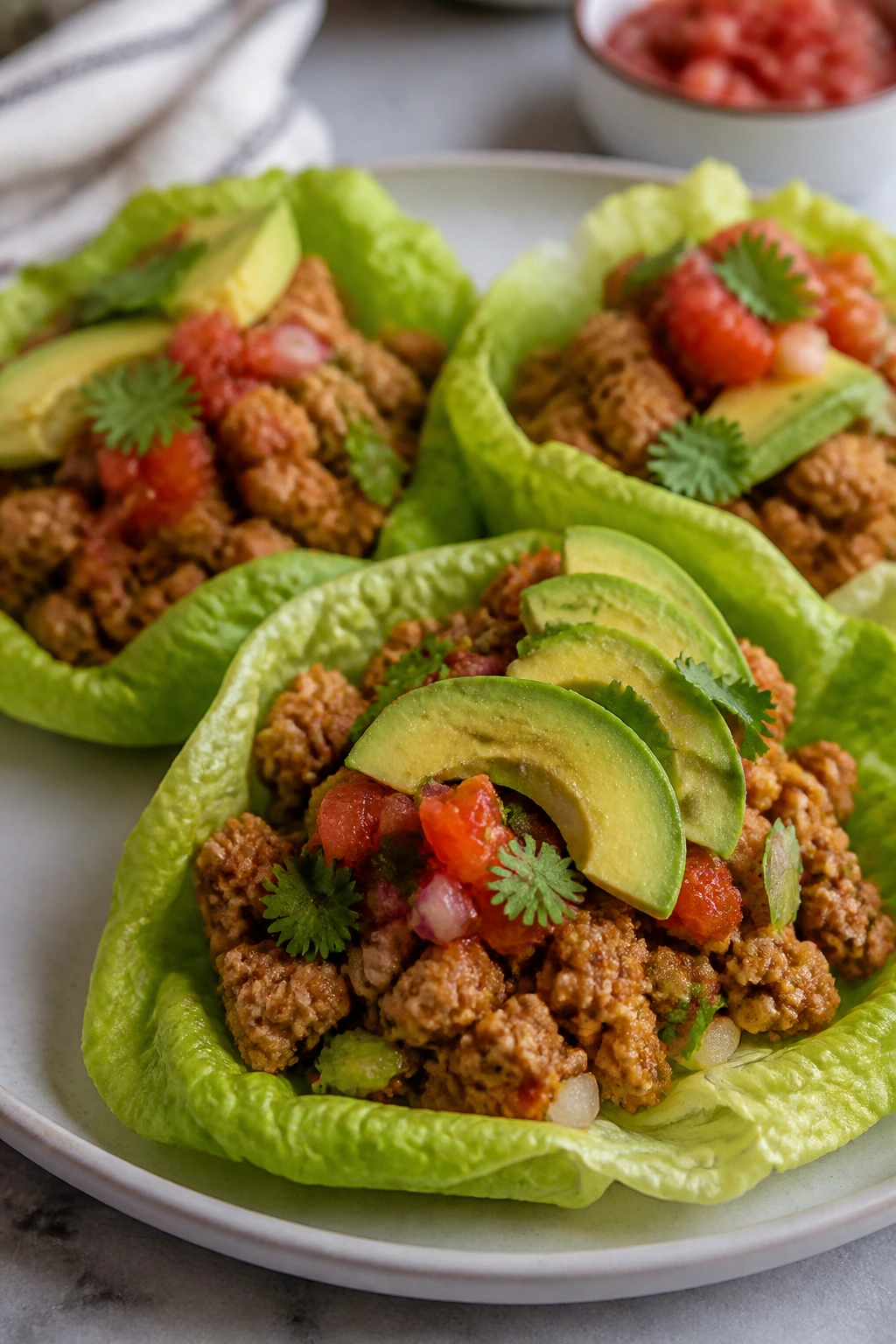 Turkey taco lettuce cups with avocado on a plate