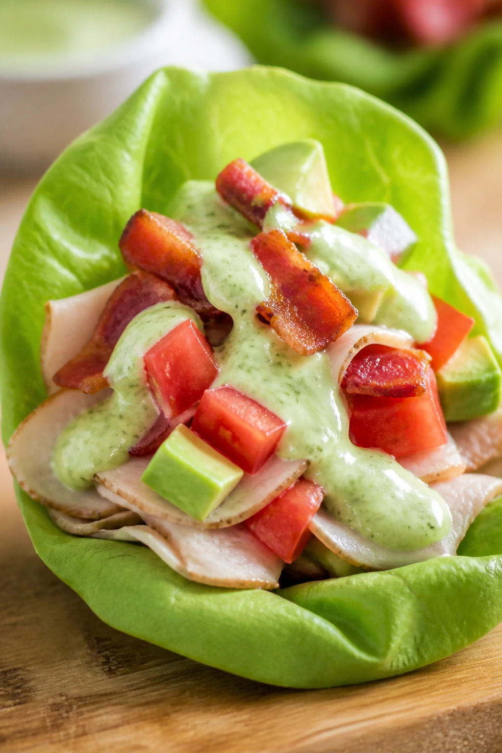 Close-up of a turkey BLT lettuce cup with avocado ranch on a light wooden board