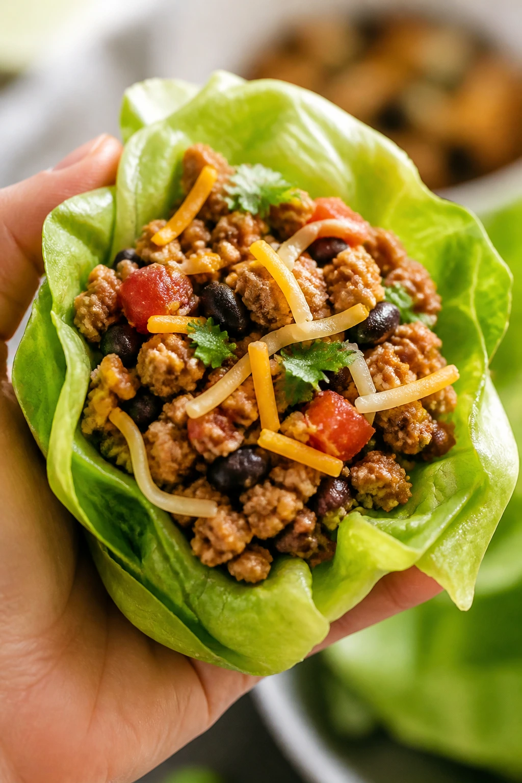 Close-up of turkey taco lettuce cup held in a hand