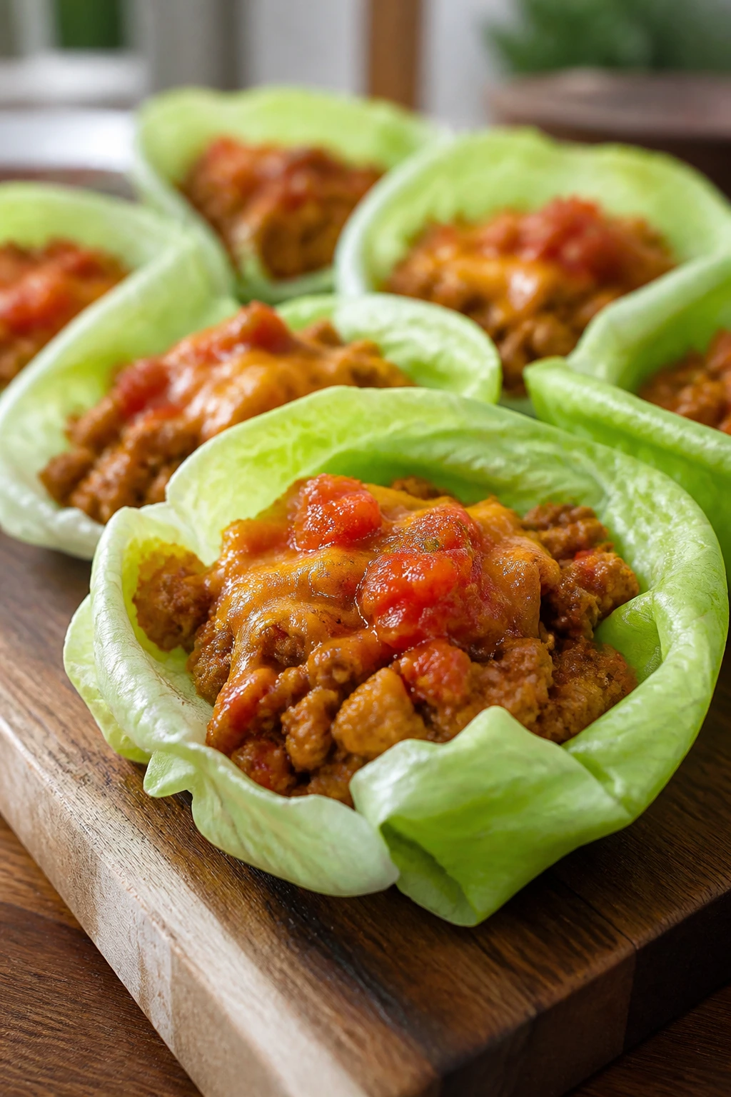 Close-up of turkey taco lettuce cups on wooden board filled with seasoned turkey and cheese