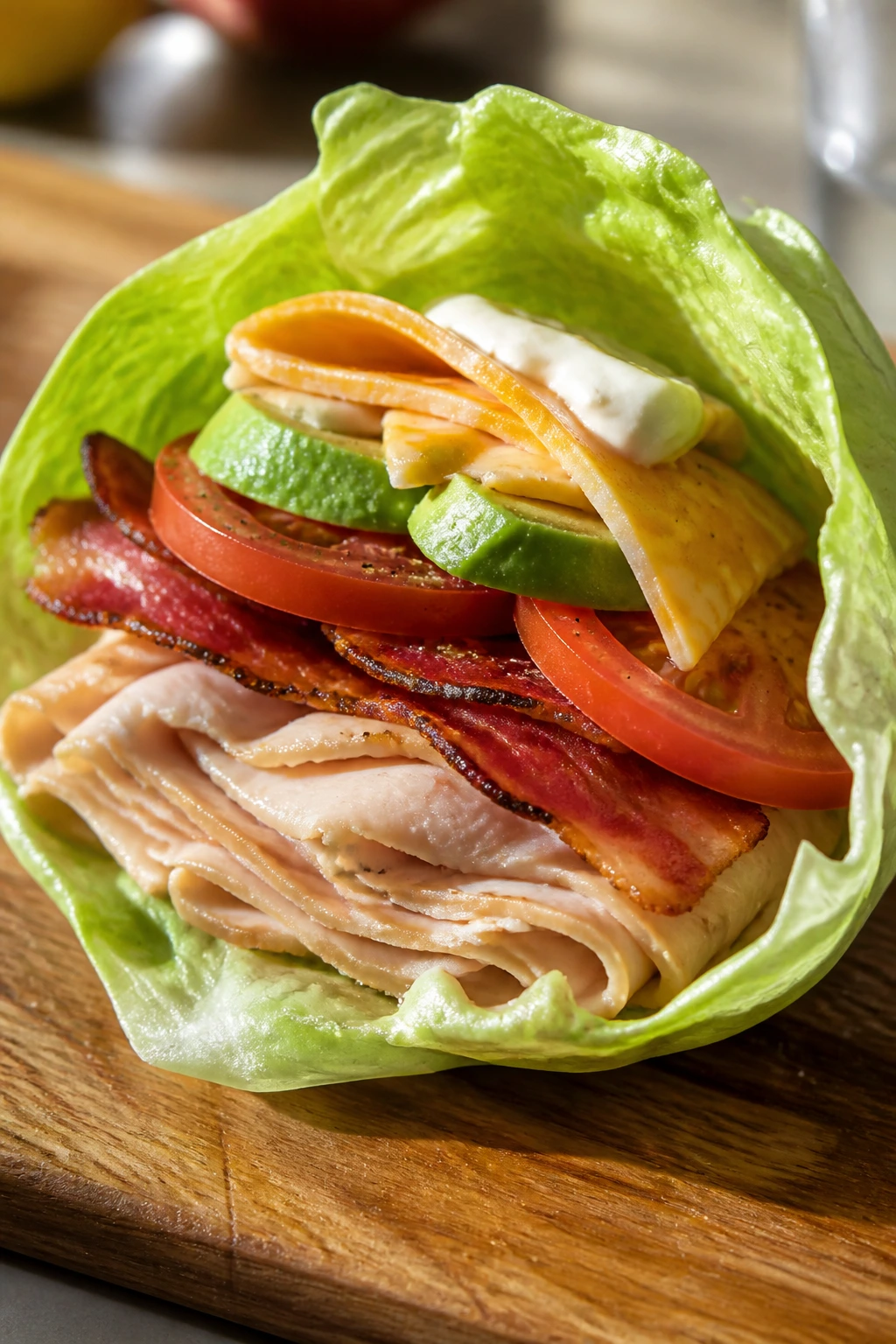 Close-up of a turkey club lettuce wrap on a wooden board, showing turkey, bacon, tomato, cheese and avocado
