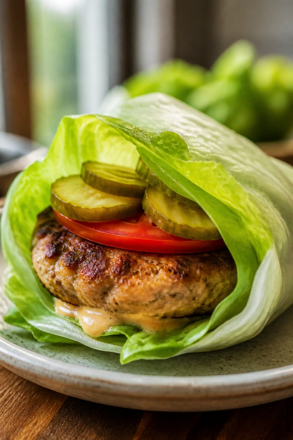 Lettuce-wrapped turkey burger with tomato and pickles on plate