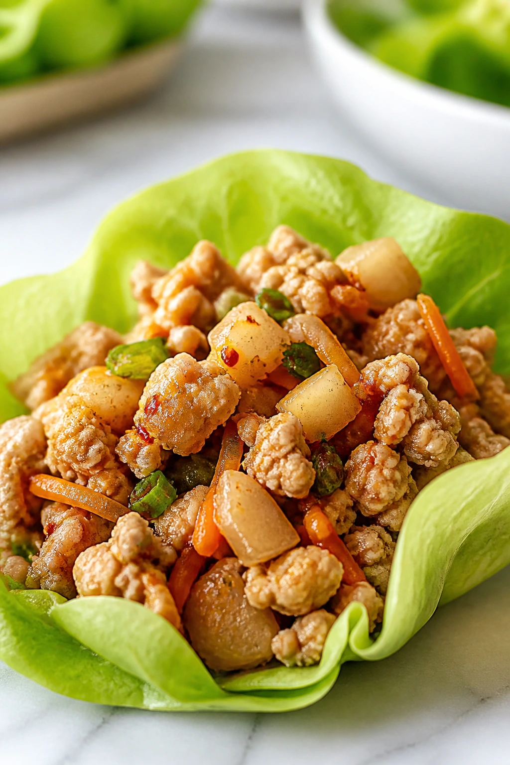 Close-up of turkey lettuce wraps with water chestnuts and carrots