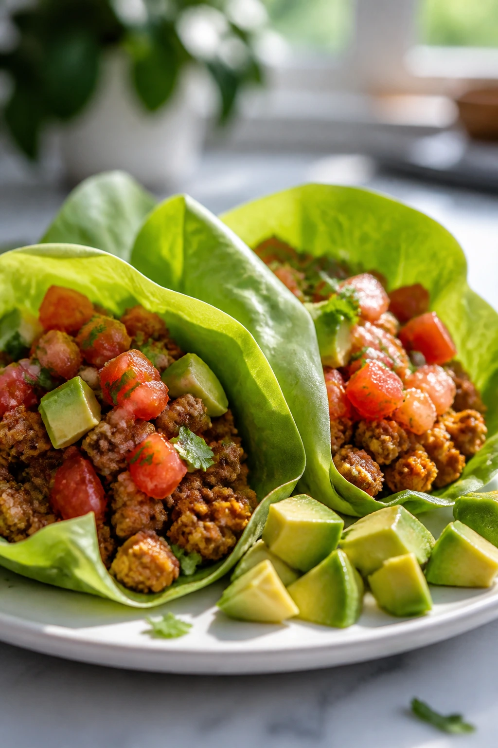 Close-up of two butter lettuce wraps filled with turkey and salsa
