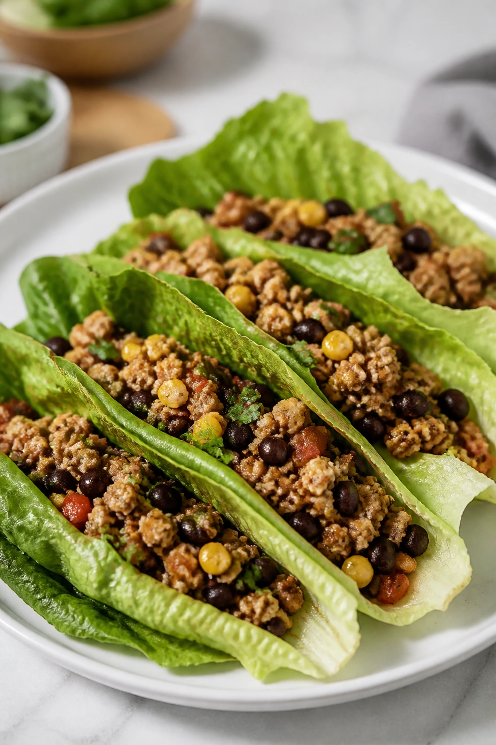 Turkey taco lettuce wraps with beans and corn on a clean counter