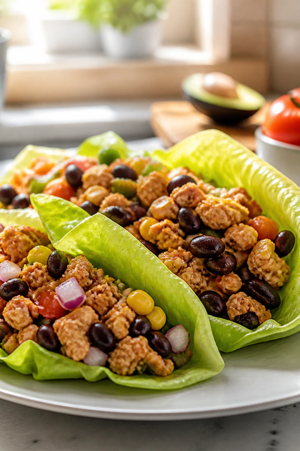 Lettuce wraps filled with turkey, beans, corn