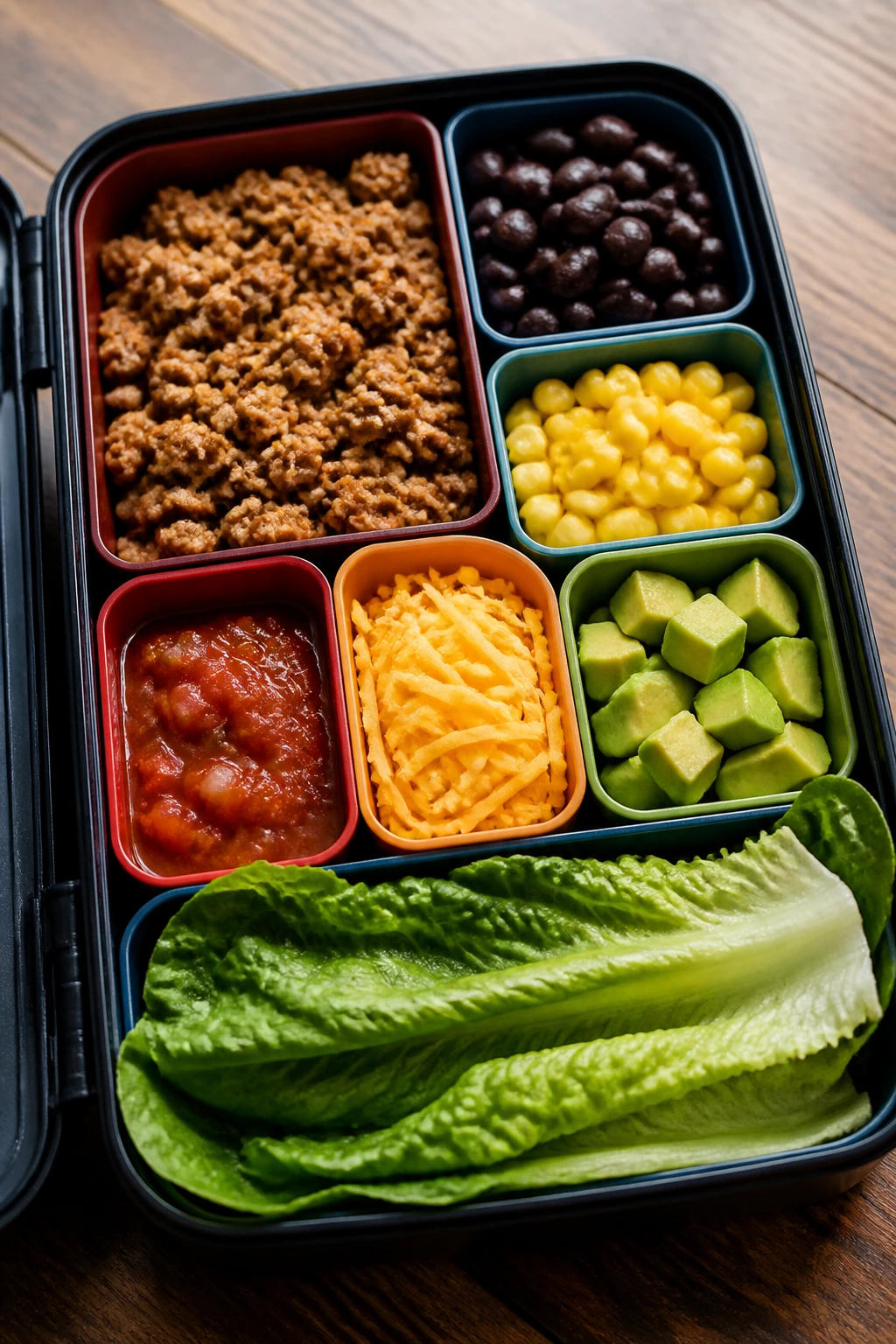 Lettuce wrap kit with turkey filling and toppings in compartments