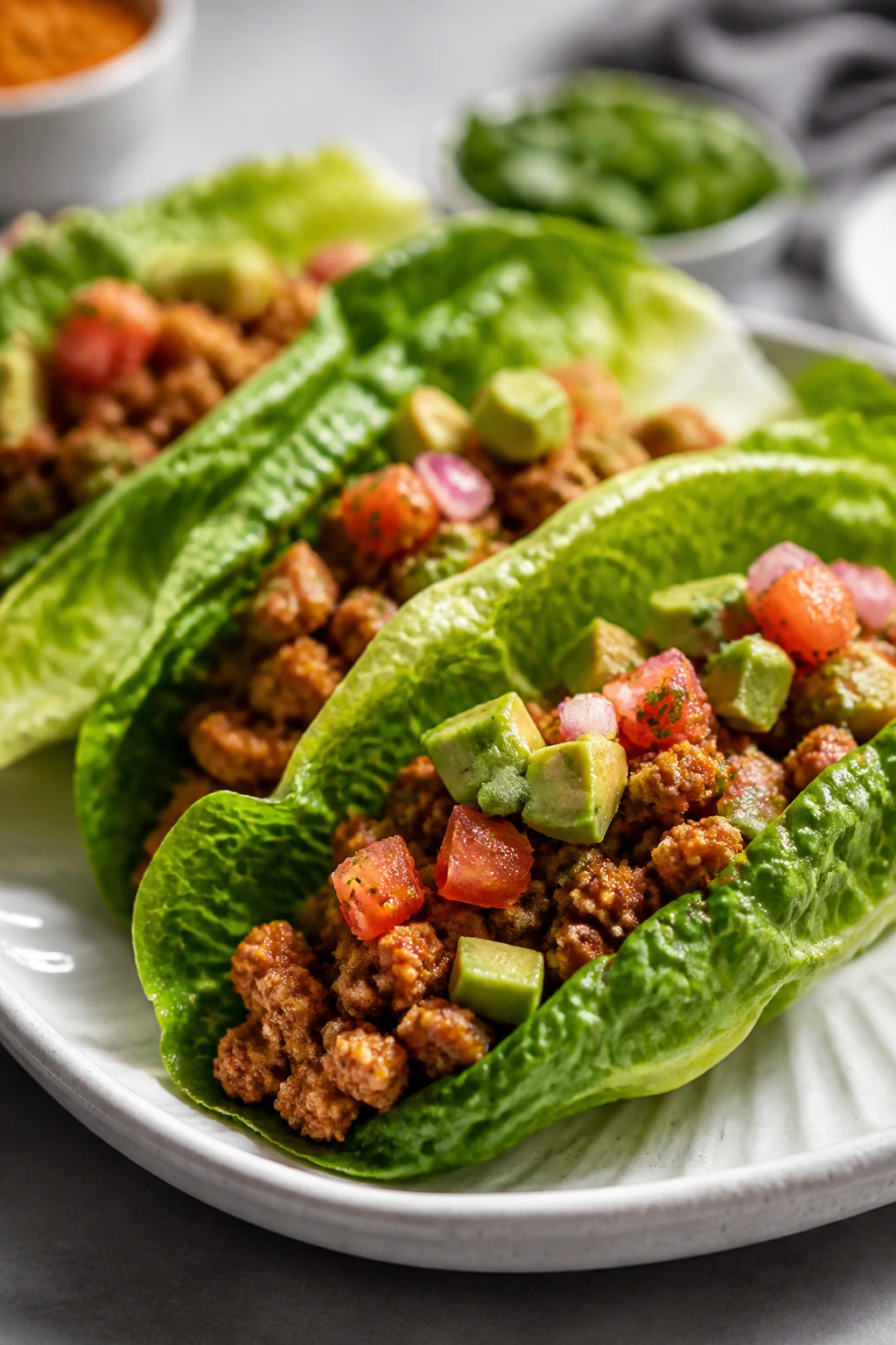 Turkey taco lettuce wraps on plate with avocado salsa.