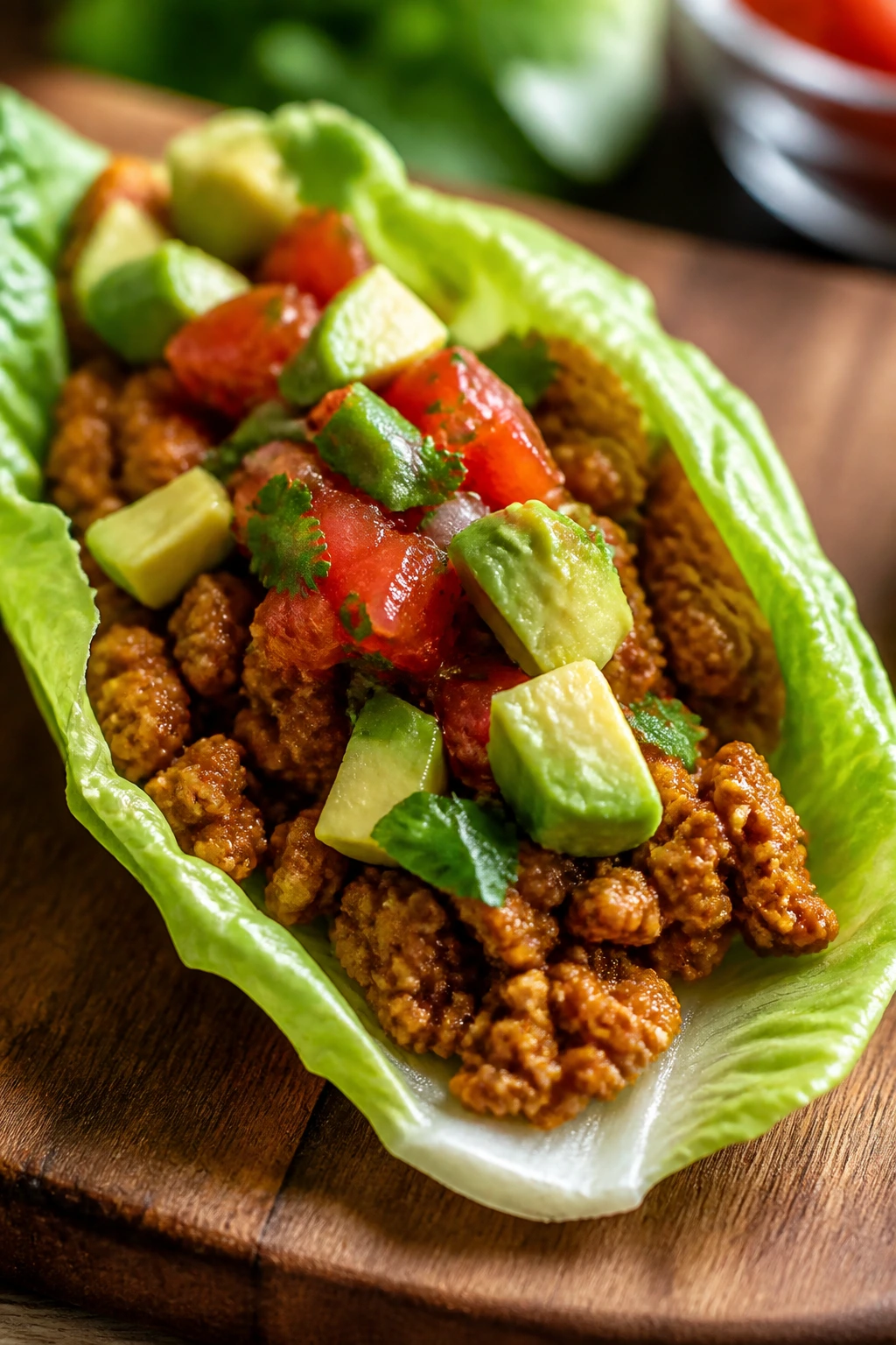 Close-up of turkey lettuce wrap with browned turkey and crisp lettuce on wooden board