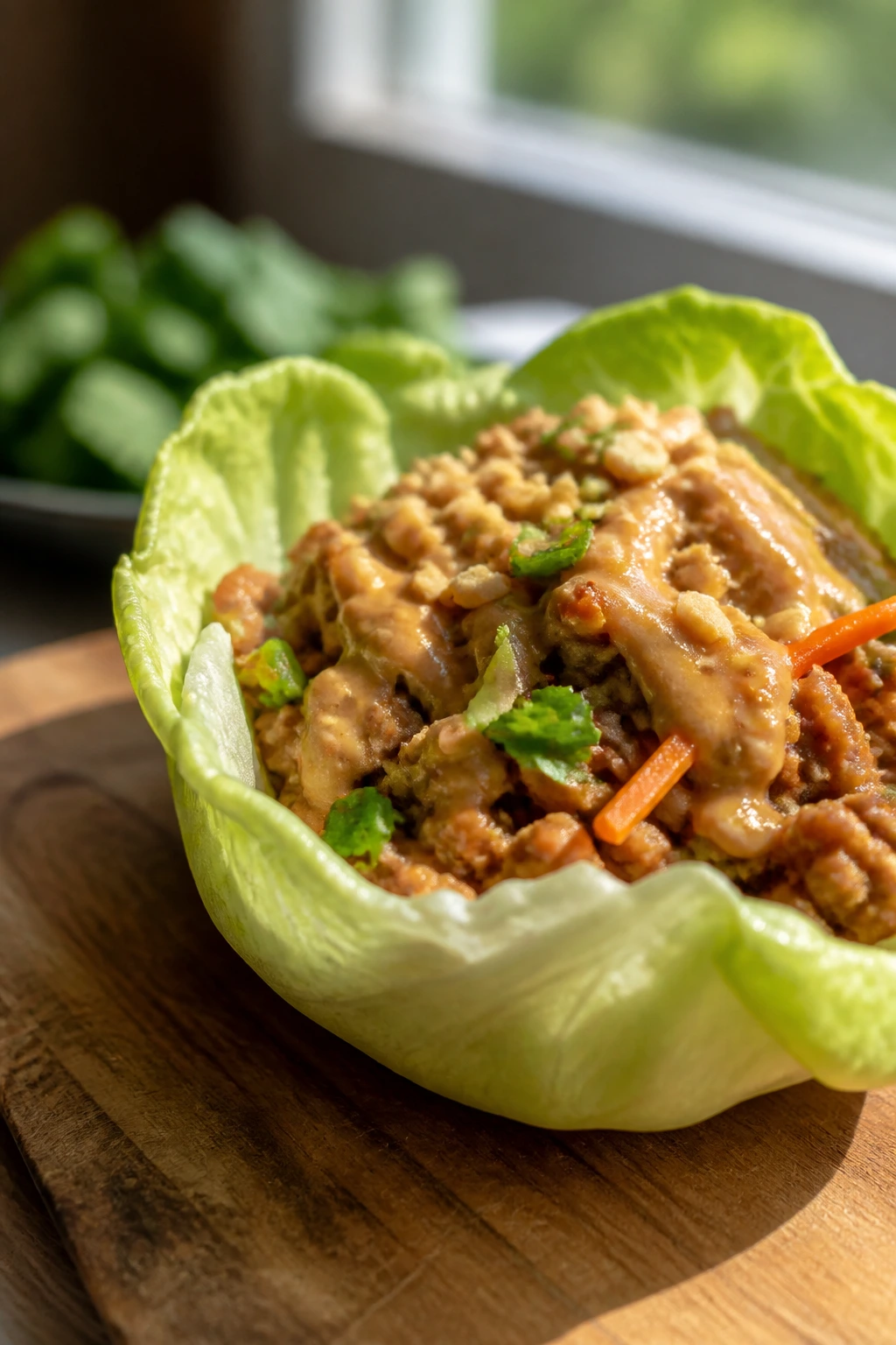 Lettuce wraps with turkey and peanut sauce.