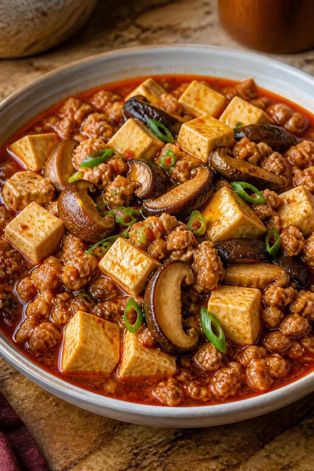 Close-up of turkey mapo tofu with shiitakes in a red sauce