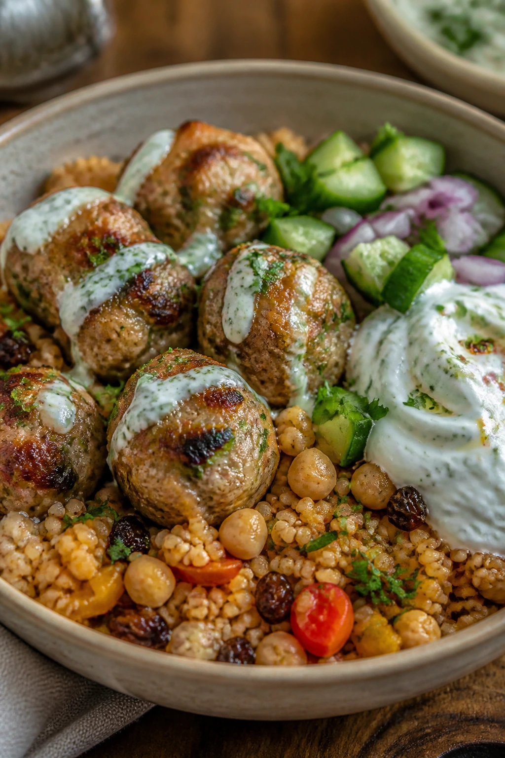 Close-up turkey meatball couscous bowl with herb yogurt