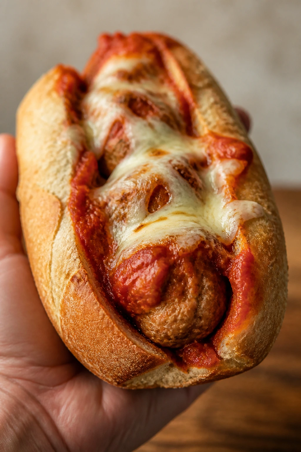 Close-up of turkey meatball marinara sub with cheese