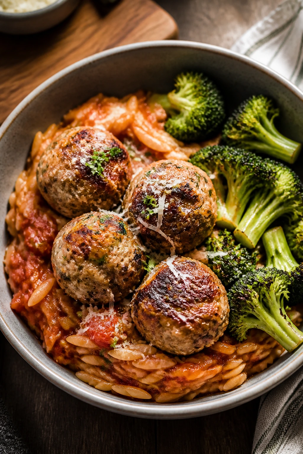 Close-up turkey meatball orzo bowl with broccoli