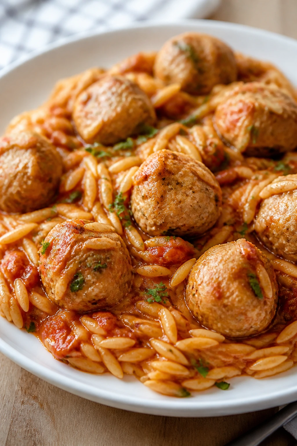 Close-up of orzo with turkey meatballs in marinara sauce