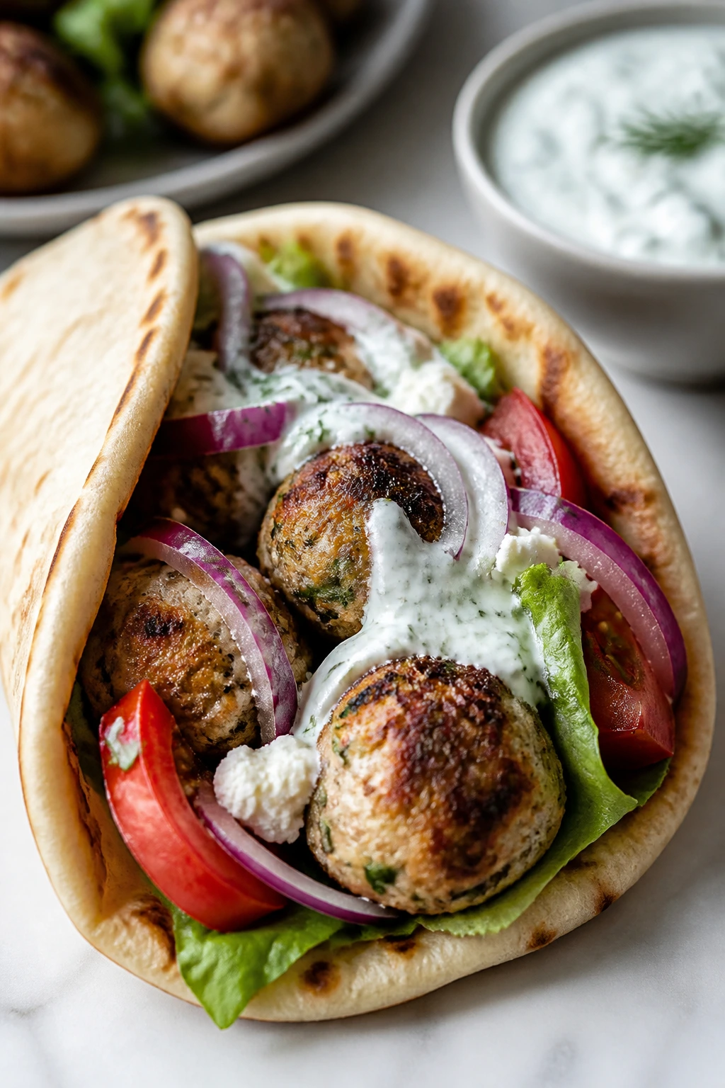 Pita sandwich with turkey meatballs and tzatziki sauce