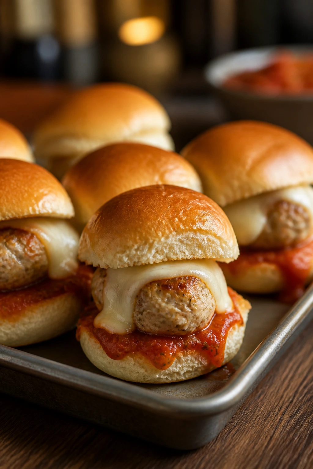 Close-up of turkey meatball sliders with cheese and marinara